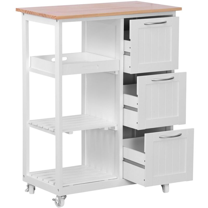 Carrello Portatile Per Cucina Yaheetech 3 Ripiani + 3 Cassetti - Legno E Bambù, Con Ruote, Bianco, 67x37x84.5 Cm - Foto 7
