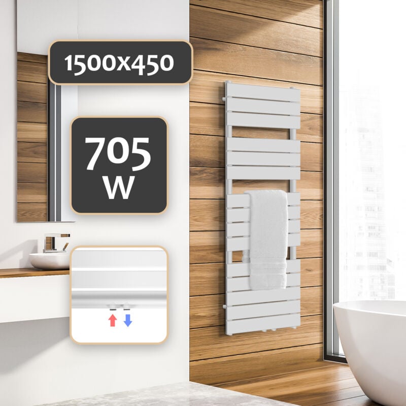 Aquamarin® Scaldasalviette - Montaggio a Parete, ad Acqua Calda, a Scaletta, 1500 x 450 mm, Acciaio Verniciato a Polvere, Piatto, Bianco - Termoarredo da Bagno, Termosifone Idraulico