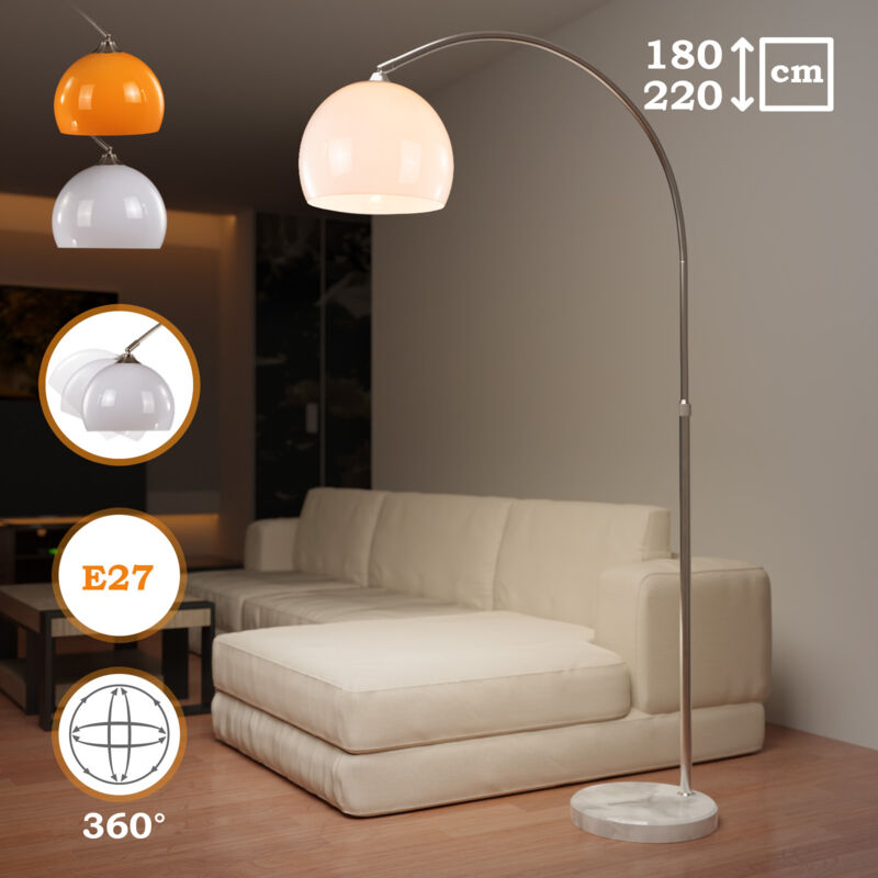 Jago® Piantana Lampada da Terra - ad Arco, max. 8/60W con Lampadine Regolari/LED E27, Altezza Regolabile, Inox, Paralume Girevole 360°, Bianco - Lampadario Design Vintage da Salotto, Soggiorno