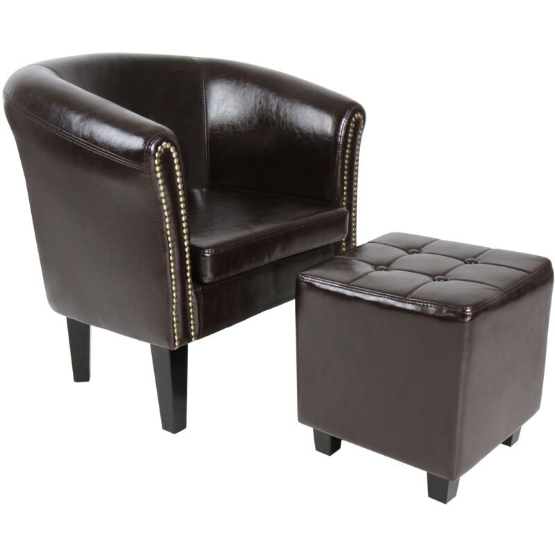 MIADOMODO® Poltrona con Poggiapiedi Chesterfield - Imbottita, in Similpelle e Legno, Borchie Decorative in Rame, Marrone - Sedia con Pouf, Poltrona da Salotto, Soggiorno, Camera da Letto, Club