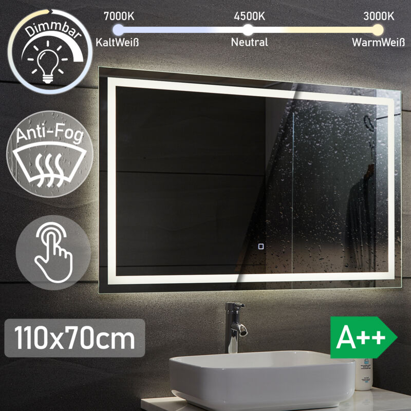 Aquamarin® Specchio Retroilluminato da Bagno - 110 x 70 cm, A++, Controllo Tattile, Controluce Bianca Fredda/Calda/Neutra, Antiappanamento - Specchio LED Rettangolare, da Parete, Illuminazione
