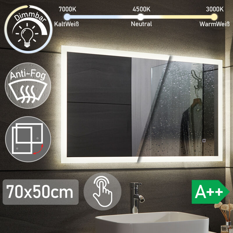 Aquamarin® Specchio Retroilluminato da Bagno - 50 x 70 cm,  A++, Controluce Bianca Fredda/Calda/Neutra, a Touch, Antiappanamento - Specchio LED Rettangolare, da Parete, con Illuminazione