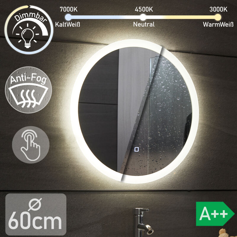 Aquamarin® Specchio LED Rotondo - Ø 60 cm, A++, Controluce Bianca Fredda/Calda/Neutra, a Touch, Antiappanamento - Specchio Retroilluminato Tondo, da Bagno, Parete, con Illuminazione