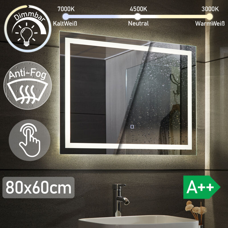 Aquamarin® Specchio Retroilluminato da Bagno - 80 x 60 cm, A++, Controllo Tattile, Controluce Bianca Fredda/Calda/Neutra, Antiappanamento - Specchio LED Rettangolare, da Parete, Illuminazione