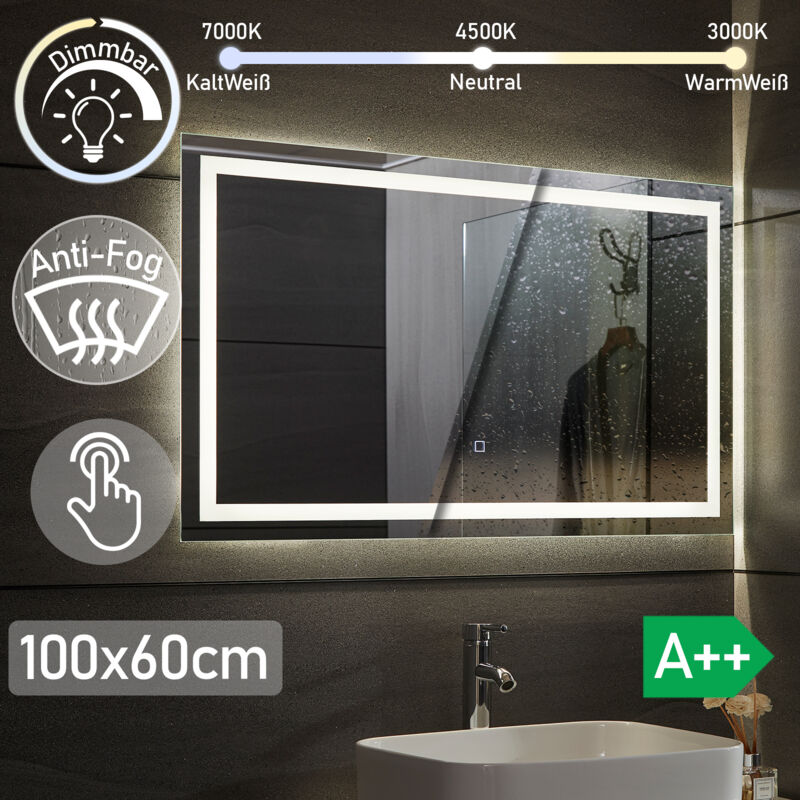 Aquamarin® Specchio Retroilluminato da Bagno - 100 x 60 cm, A++, Controllo Tattile, Controluce Bianca Fredda/Calda/Neutra, Antiappanamento - Specchio LED Rettangolare, da Parete, Illuminazione