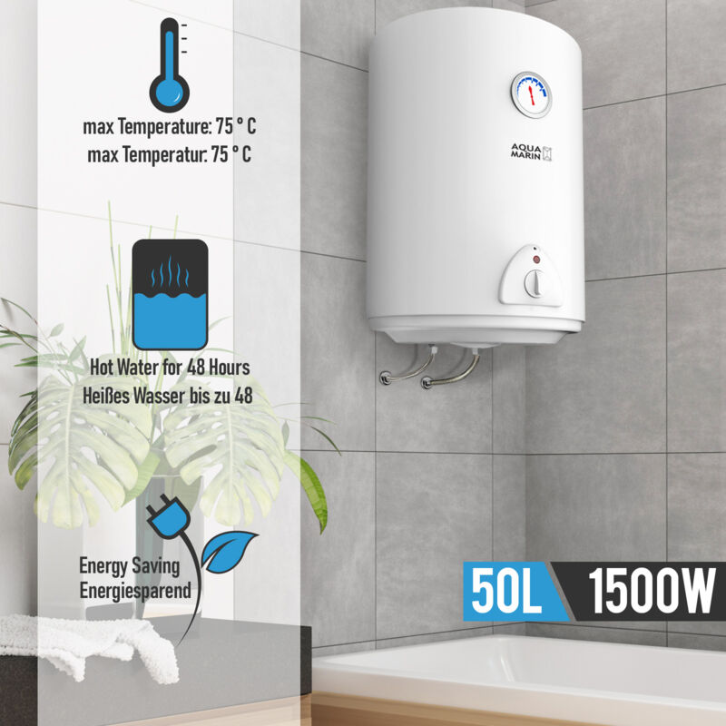 Aquamarin® Scaldabagno Elettrico - 50 litri, 220-240V, 1.5kW, Anticalcare, Temp Max. 75°C, Verticale, Serbatoio in Acciaio Smaltato, Bianco - Scalda Acqua, Boiler, Scaldino da Bagno