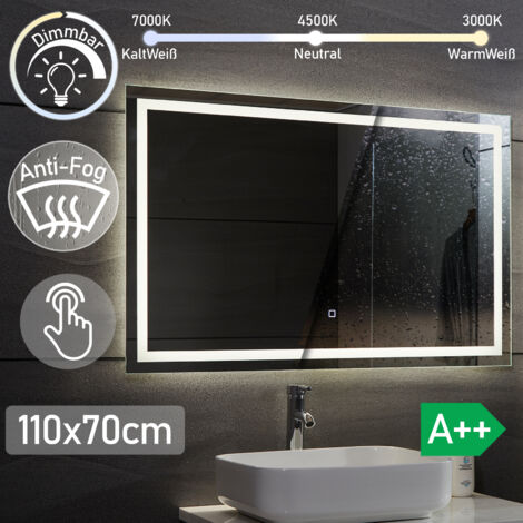 Aquamarin® Specchio Retroilluminato da Bagno - 110 x 70 cm, A++, Controllo Tattile, Controluce Bianca Fredda/Calda/Neutra, Antiappanamento - Specchio LED Rettangolare, da Parete, Illuminazione