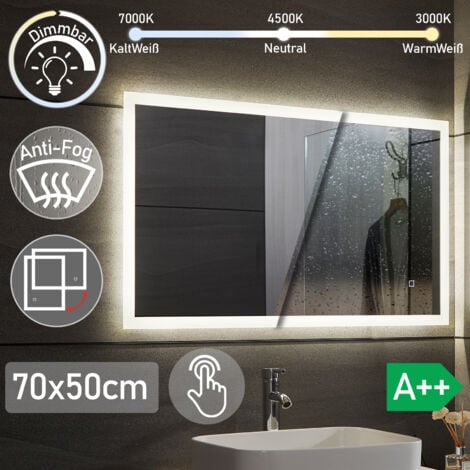 Aquamarin® Specchio Retroilluminato da Bagno - 50 x 70 cm,  A++, Controluce Bianca Fredda/Calda/Neutra, a Touch, Antiappanamento - Specchio LED Rettangolare, da Parete, con Illuminazione