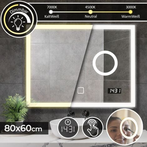 Aquamarin® Specchio a LED Rettangolare - 80x60 cm, CEE: A++, Controllo Tattile, Controluce 3in1 Bianca Fredda, Calda, Neutra, con Specchio Ingranditore 3x - Specchio Retroilluminato, da Bagno