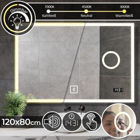 Aquamarin® Specchio a LED Rettangolare - 120x80 cm, CEE:A++, Controllo, Controluce 3in1 Bianca Fredda, Calda, Neutra, Altoparlante Bluetooth, Specchio Ingranditore 3x - Specchio Retroilluminato, Bagno