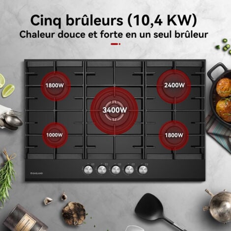 GASLAND Plaque de Cuisson à Gaz Naturel/Butane/Propane encastrée, Verre trempé - GH2805BG1FC - 5 Foyers - 10400W