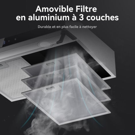GASLAND Hotte aspirante de 60 cm à double moteur 333 m³/h, Hotte décorative encastrée à Evacuation & recyclage, Touch Control, 2 filtre à charbon - UC60SS - Argent