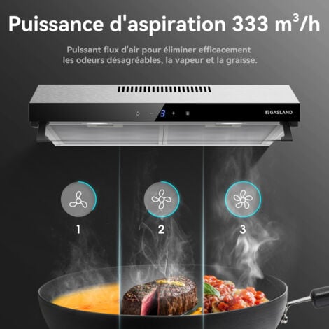 GASLAND Hotte aspirante de 60 cm à double moteur 333 m³/h, Hotte décorative encastrée à Evacuation & recyclage, Touch Control, 2 filtre à charbon - UC60SS - Argent