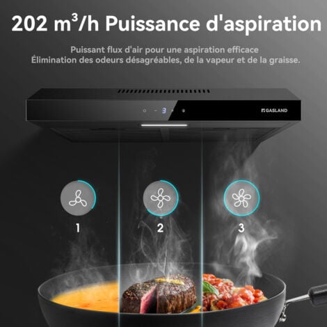 GASLAND Hotte aspirante de 60 cm à Evacuation & recyclage, Hotte casquette silencieuse, 3 niveaux, 1 filtre à charbon - SR60BS - 202 m³/h - Noir