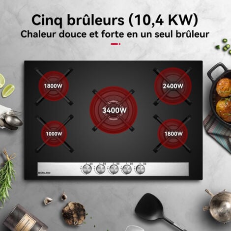 GASLAND Plaque de Cuisson à Gaz Naturel/Butane/Propane encastrée, Surface en verre trempé & Grilles en fonte émaillée - GH6805BG1FC - 5 Foyers - 10400W