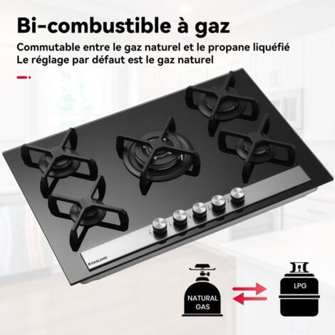 GASLAND Plaque de Cuisson à Gaz Naturel/Butane/Propane encastrée, Surface en verre trempé & Grilles en fonte émaillée - GH6805BG1FC - 5 Foyers - 10400W