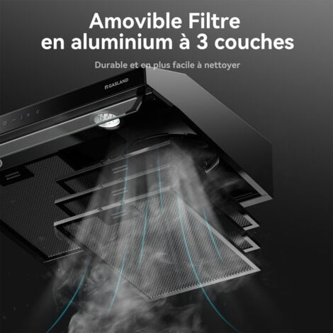 GASLAND Hotte aspirante de 60 cm à double moteur 333 m³/h, Hotte décorative encastrée à Evacuation & recyclage, Touch Control, 2 filtre à charbon - UC60BS - Noir