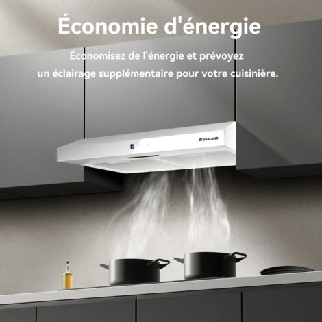 GASLAND Hotte aspirante de 60 cm à Evacuation & recyclage, Hotte casquette silencieuse, 3 niveaux, 1 filtre à charbon - SR60WS - 214 m³/h - Blanc