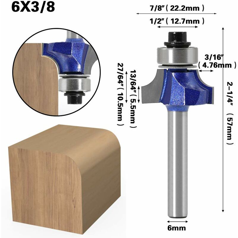 Set of 4 round router bits with 6mm shank