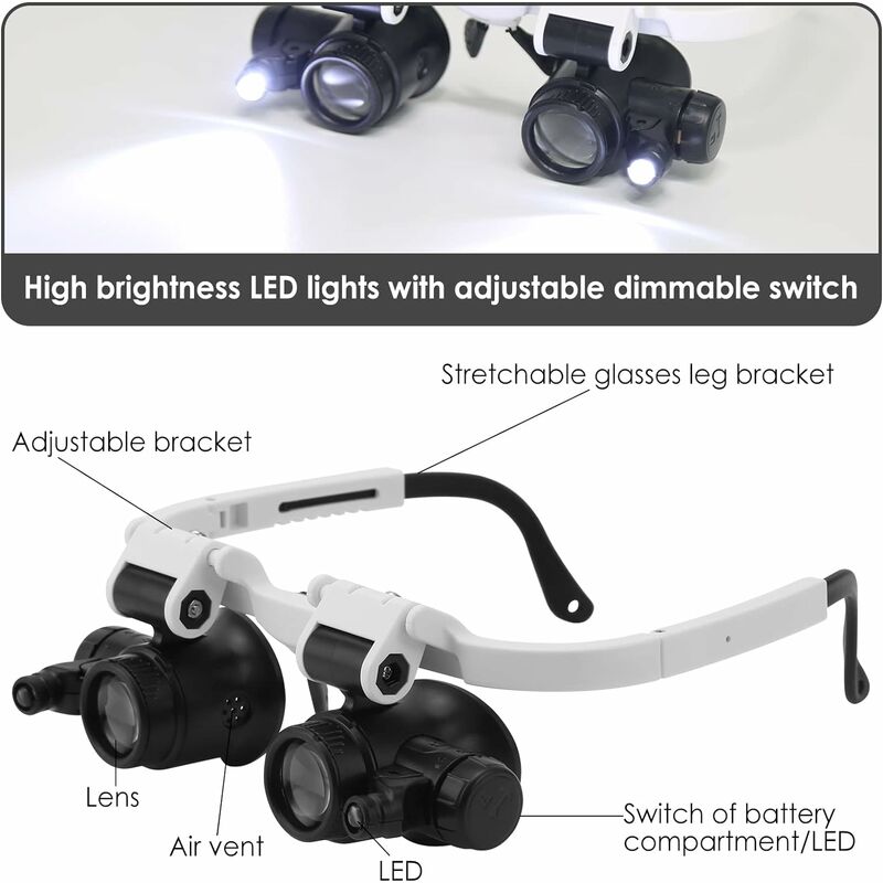 Staright 45x Magnifying Headset With Led Light Magnifying Glass Head  Mounted Jewelry Loupe Magnifier With Multiple Lens 2 Led Lights For  Crafting Cloc