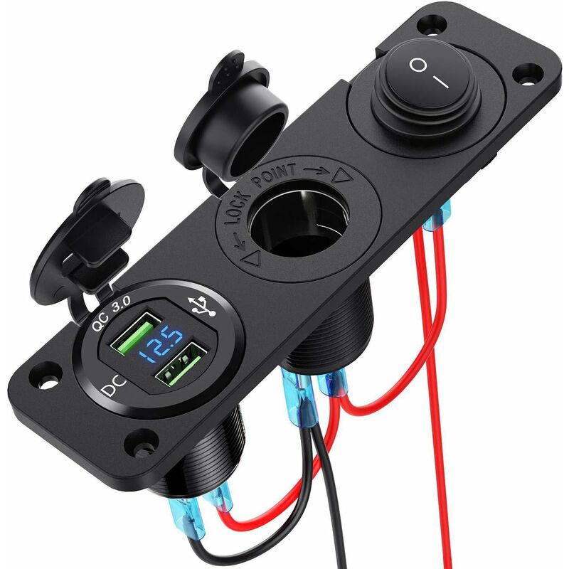 Car charger with 12 V cigarette lighter socket, dual USB charger and LED  voltmeter Suitable for boat, truck, motorcycle