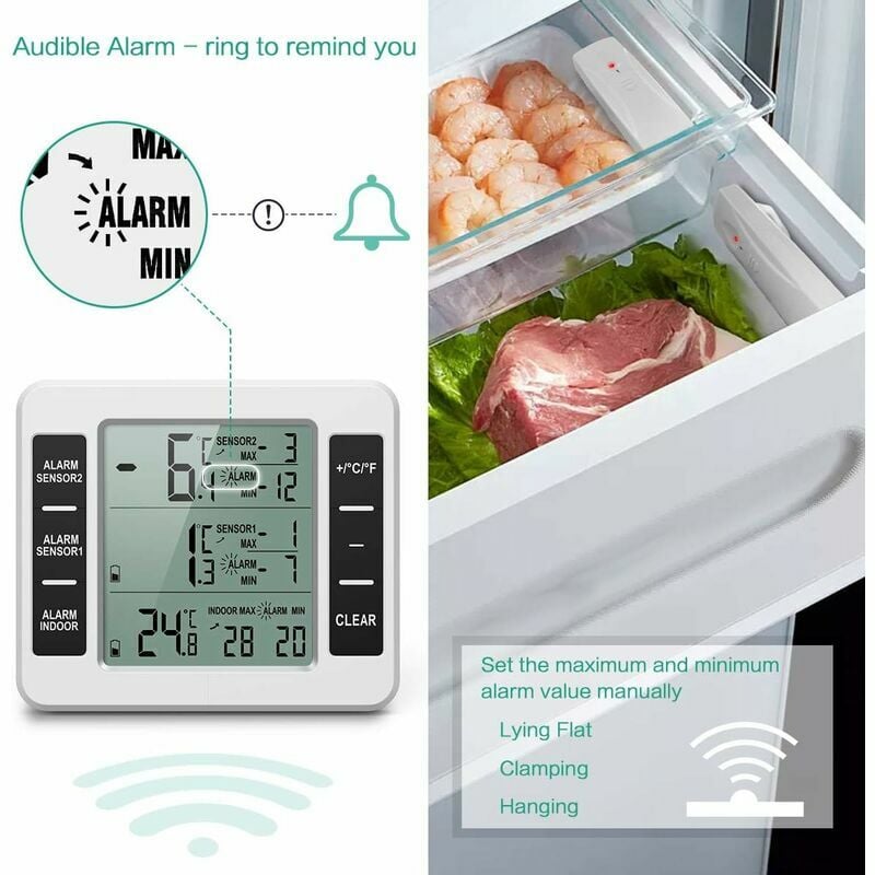 Fridge Thermometer Digital,freezer Thermometer With Probe, Freezer Alarm  With Max/min Memory For Home Kitchen Bars Cafes