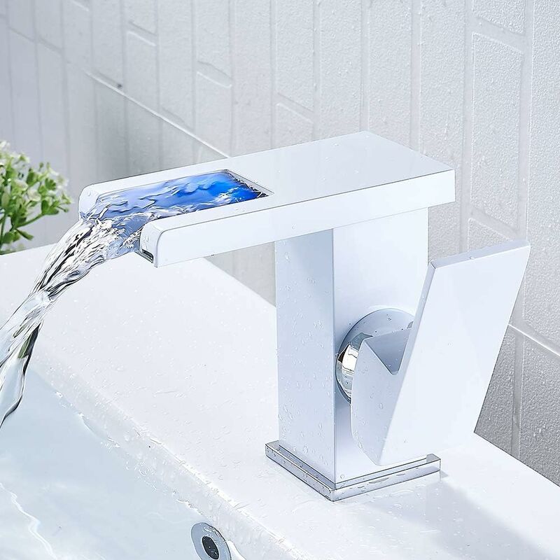 Waterfall LED Bathroom Faucet Black Waterfall Hot Cold Countertop Sink Sink Bathroom Faucet (White)