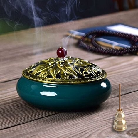 Ceramic Incense Burner, Chinese Porcelain Round Censer Incense Holder with  Fireproof Mat and Metal Lid for Home Decor Gift (Dark Green)