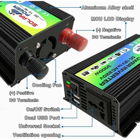 Peaks Power 3000W Modified Sine Wave Power Inverter DC 12V to AC 220V High  Frequency Power Inverter Car Charger Converter with 2.1A Dual USB Ports  Battery Clips