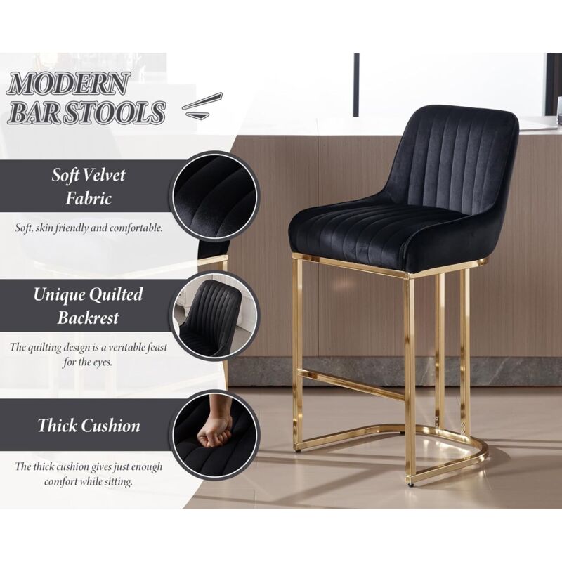 SUPFINE Tabourets de bar, ensemble de 2 chaises avec coussins en velours doux et rembourrés