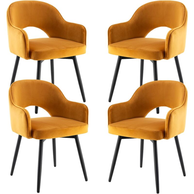 Lot De 4 Chaises De Salle à Manger En Chenille Moderne - Dossier Courbé, Pieds Métal Noir, Jaune Vif, Charge Max 250 Lb
