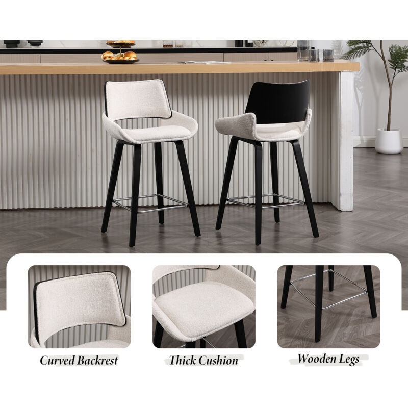 Tabourets De Bar Avec Dossier Rotin - Lot De 2, Bois Massif, Coussin Chenille, Design Moderne Pour Cuisine
