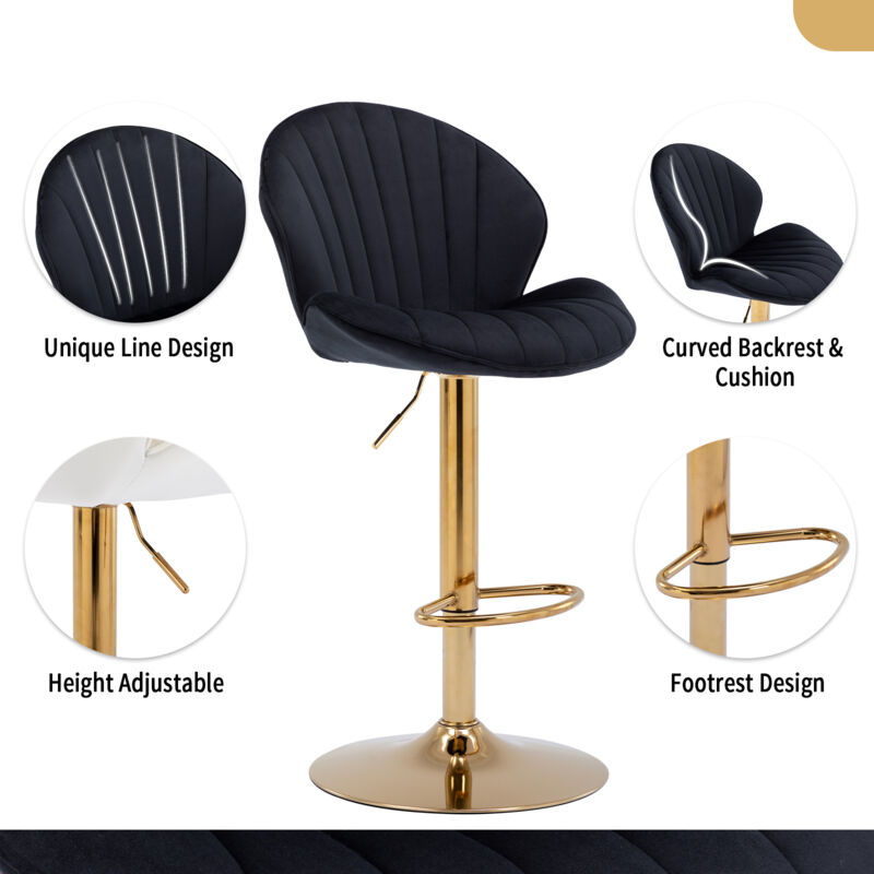 Tabouret De Bar Réglable Et Pivotant En Velours - Lot De 2 Chaises Hautes Avec Repose-Pieds | STOOLINK Noir