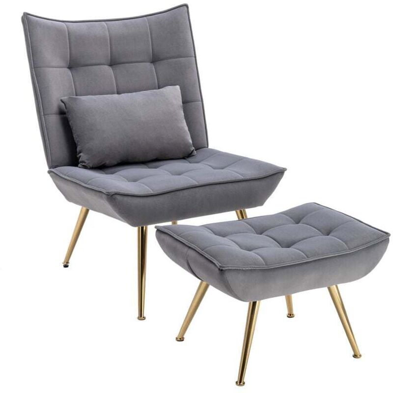 Chaise Longue Velours Avec Repose-Pieds - Rembourrée - Oreiller Lombaire - Pieds Métal Doré - Pour Salon/Balcon