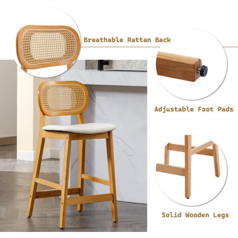 Tabouret de Bar Lot de 2 Chaise de Bar en Bois avec Coussin Chaise Bar Rotin pour Cuisine et Restaurant, Beige