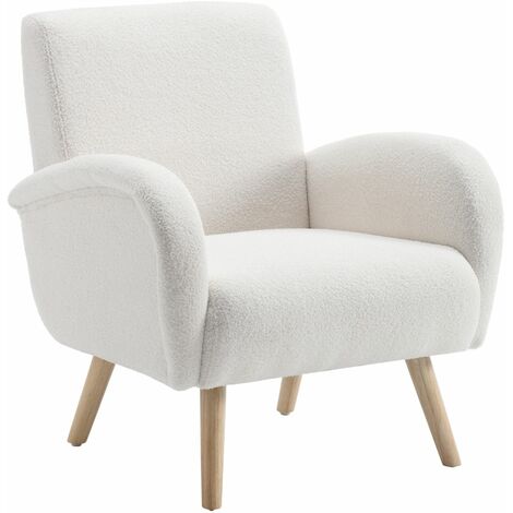Wahson Office Chairs – Fauteuil relax en fausse fourrure – Pieds en bois massif – Assise en éponge haute densité – Pour salon et chambre – Blanc