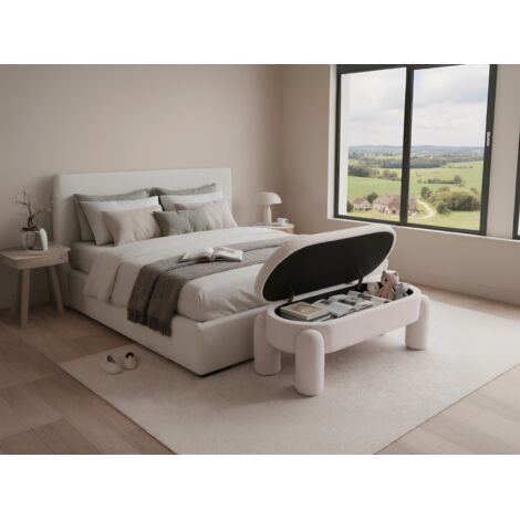 Banc De Rangement En Tissu Bouclette Beige 120 Cm - Assise Capitonnée, Pieds Métal - Pour Entrée, Bout De Lit, Salon - Charge 150 Kg