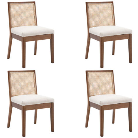 Wahson Office Chairs – Lot de 4 chaises en rotin et bois massif – Dossier en lin doux – Style vintage pour salle à manger – Hauteur d'assise 50cm