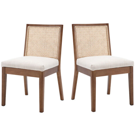 Wahson Office Chairs – Lot de 2 chaises rétro en bois massif et rotin – Dossier en lin doux – Hauteur d'assise 50cm – Pour salle à manger et cuisine