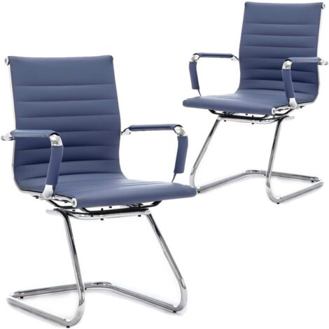 Chaise de Bureau en Similicuir avec Accoudoirs Chromés Lot de 2 Chaise de Réception en Base Métal Chaise de Conférence Ergonomique, Bleu (1/5)