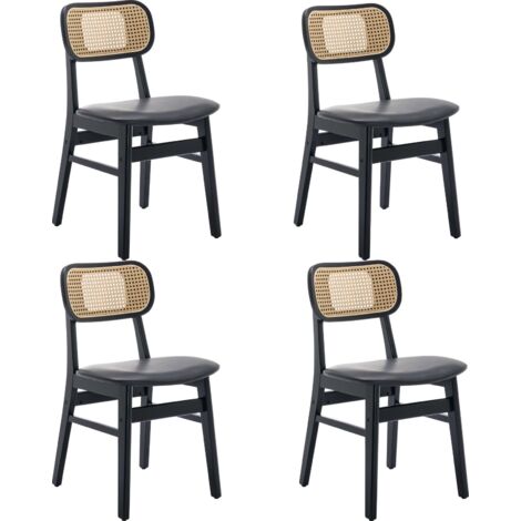 Wahson Office Chairs – Lot de 4 chaises en cuir PU noir – Chaise de salle à manger en bois avec coussin imperméable – Dossier en rotin tressé – Hauteur d'assise 47 cm