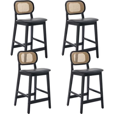 Wahson Office Chairs – Lot de 4 tabourets de bar en bois massif avec coussins similicuir – Hauteur d'assise 65 cm – Dossier en rotin pour cuisine et restaurant