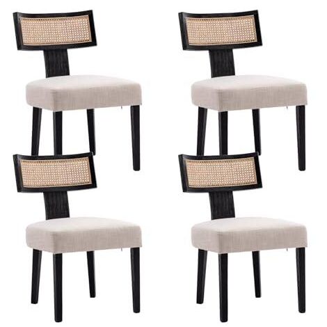 Wahson Office Chairs – Lot de 4 chaises de salle à manger en bois massif et lin – Dossier en rotin naturel tressé – Hauteur d'assise 50 cm – Couleur noir
