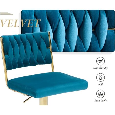 Tabouret De Bar Nolan - Velours Bleu, Pivotant 360°, Hauteur Réglable - Avec Dossier Et Accoudoirs