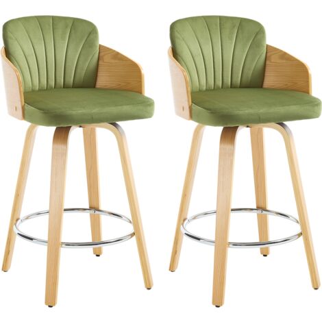 WAHSON Tabourets de Bar Lot de 2 Tabourets de Comptoir Velours avec Pieds en Bois pour Central Îlot, Vert (1/5)