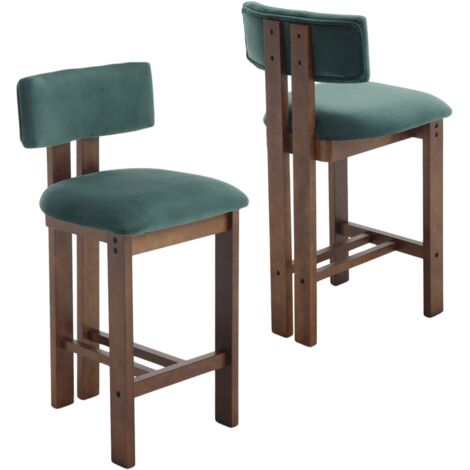 Wahson Tabouret de Bar Vintage en Bois Lot de 2 Chaise de Bar en Velours, Coussin Epais, Pied en Bois Massif, Chaise Haute Cuisine Confortable pour Bar, Vert (1/5)