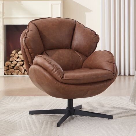 Wahson Fauteuil Relax en Cuir PU pour Salon, Fauteuil de Salon Pivotante Fauteuil Salon Moderne avec Coussin Epais, Cadre en Métal, Marron
