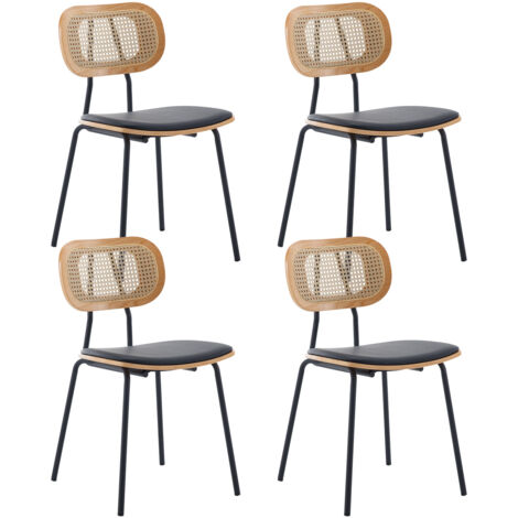 Wahson Office Chairs – Lot de 4 chaises en bois noir – Dossier en rotin – Assise rembourrée en cuir PU – Pieds en métal – Support jusqu'à 250 kg
