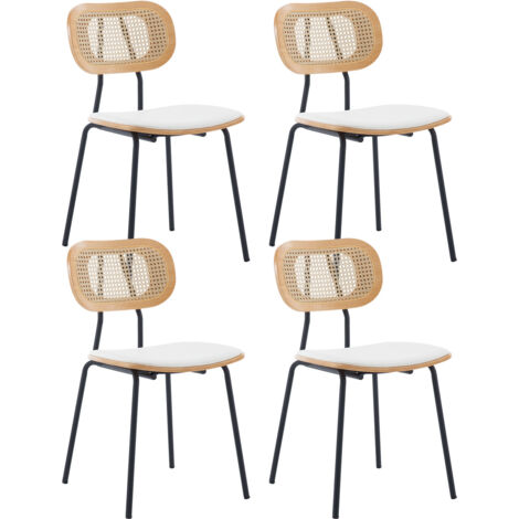 Wahson Office Chairs – Lot de 4 chaises en bois – Dossier rotin et assise en cuir PU – Style vintage pour salle à manger, café, bar – Blanc