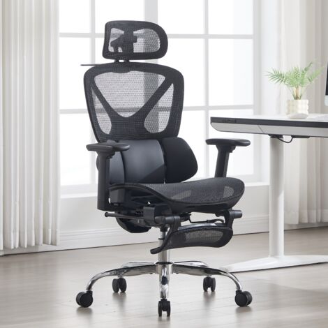 Wahson Chaise de Bureau avec Accoudoirs, Fauteuil de Bureau Ergonomique avec Support Lombaire Réglable avec Repose-Pieds, Noir